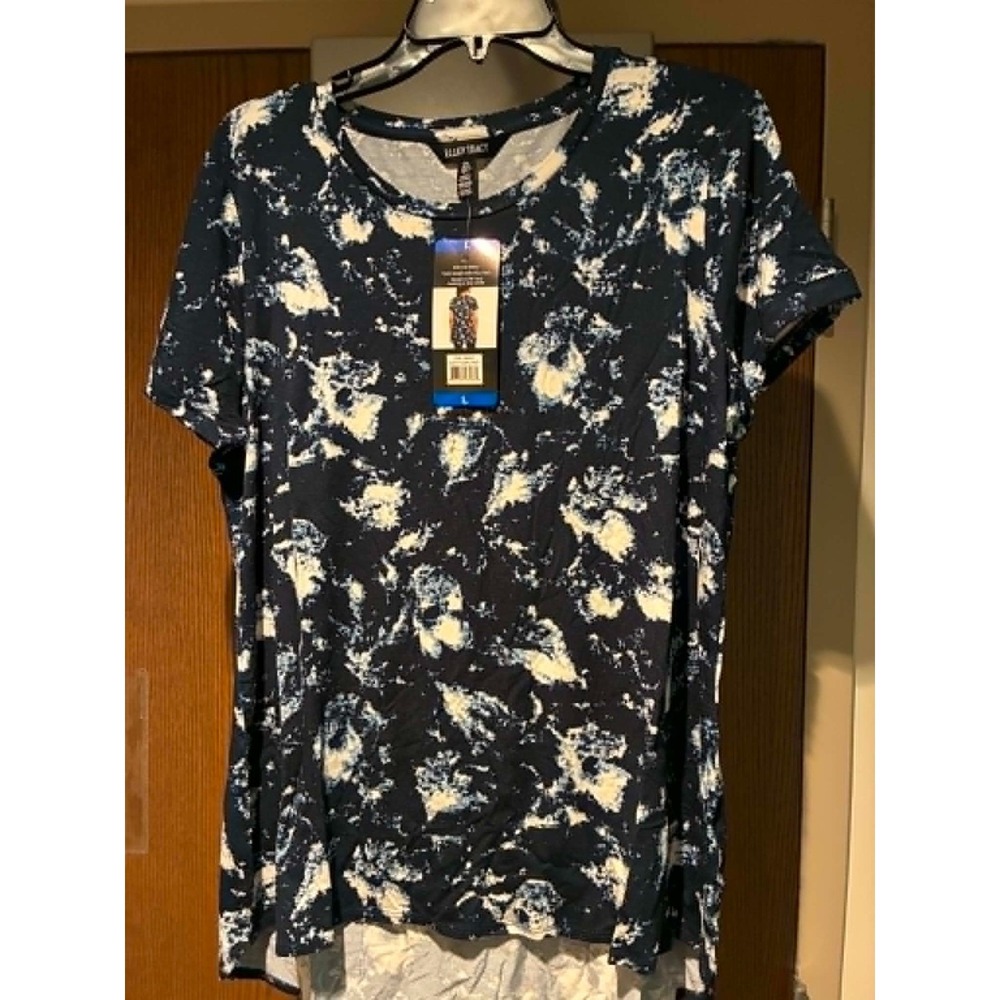 Ellen Tracy Womens Dusty Floral Navy Soft Knit HiLo Tunic Top Size L NEW
